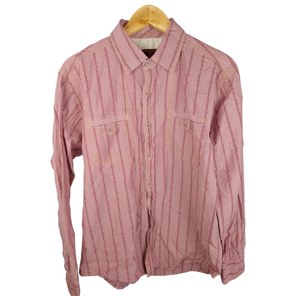 EQ Equilibrio Rooster Men's Casual Pink Striped Button-Down Shirt